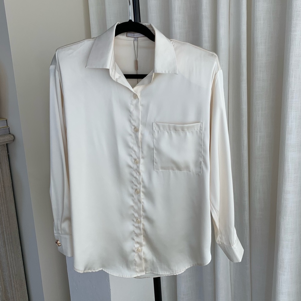 Ivory Satin Button Down Blouse
